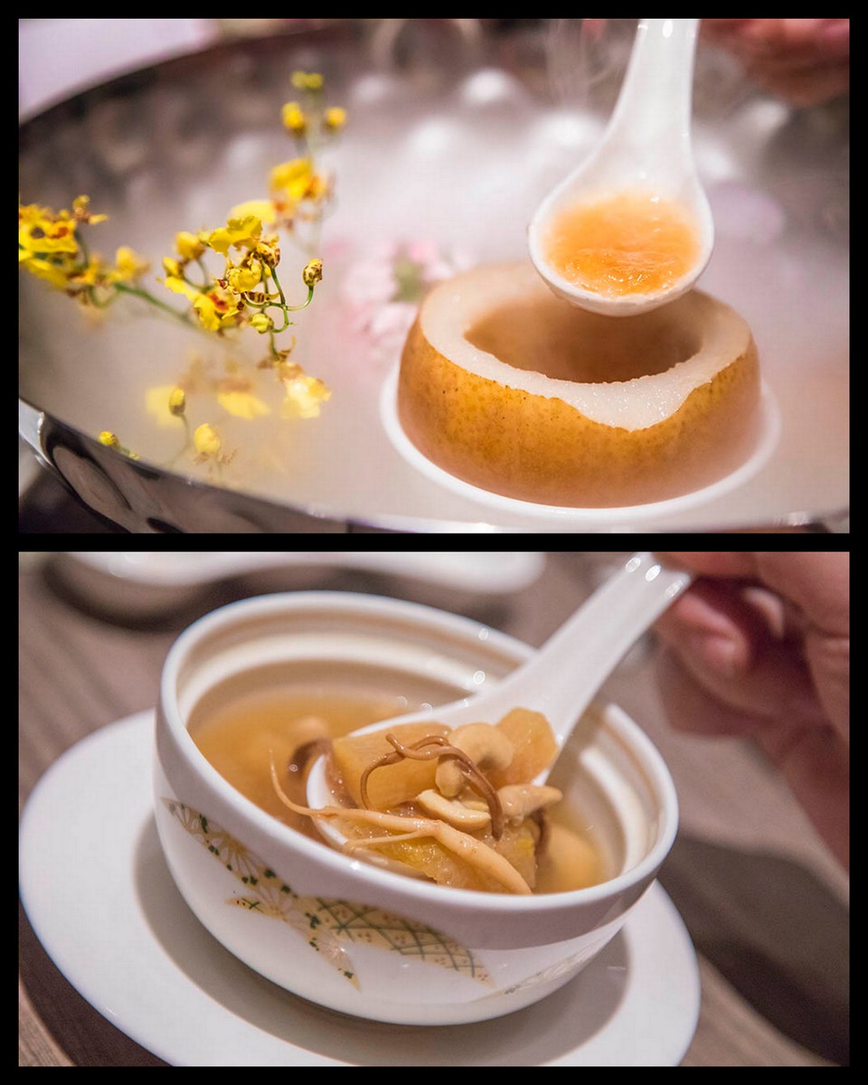 Vegetable Forward Set Menu Soups. - Double-boiled Bird's Nest in Pear Vessel (Top) and Double-boiled Golden Cordyceps, Ginseng and Bamboo Shoots Soup (bottom)