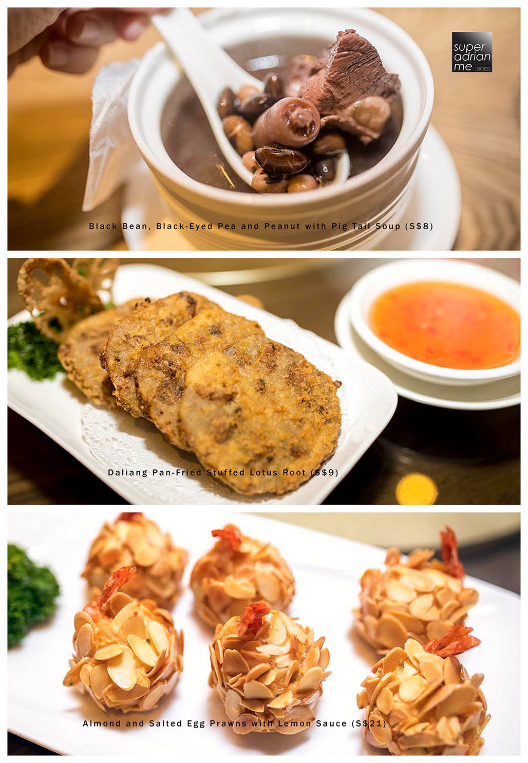 Joyden Canton - Soup, Pan-fried Stuffed Lotus Root and Almond and Salted Egg Prawns with Lemon Sauce