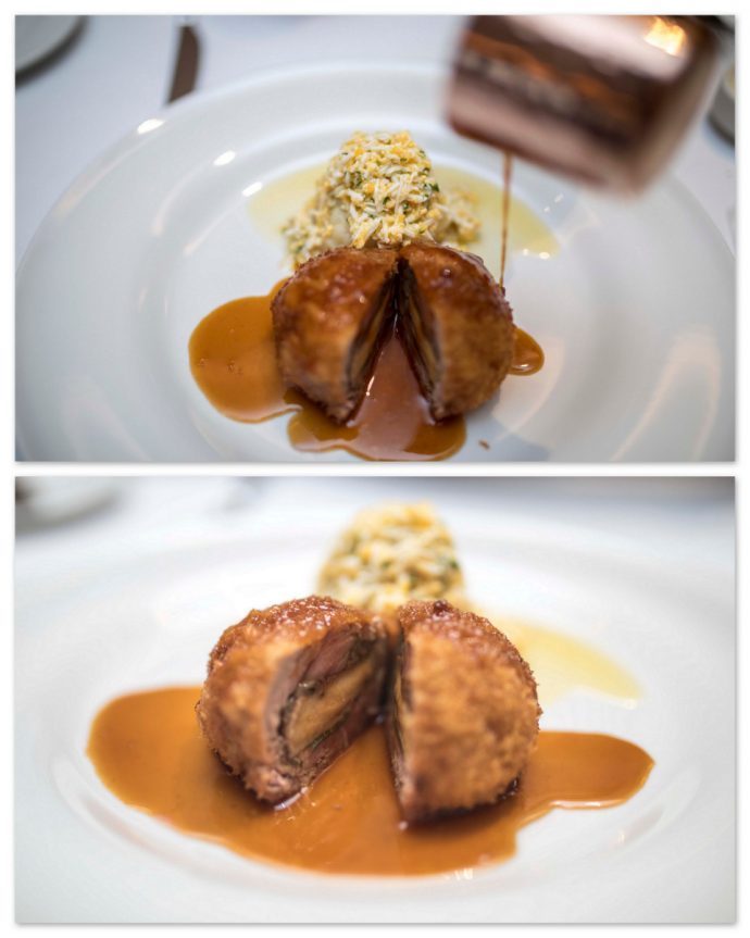 Milk-Fed Veal stuffed with Foie Gras, Duxelles and Sage with Cauliflower Mimosa and Madeira Jus (S++) at Tablescape