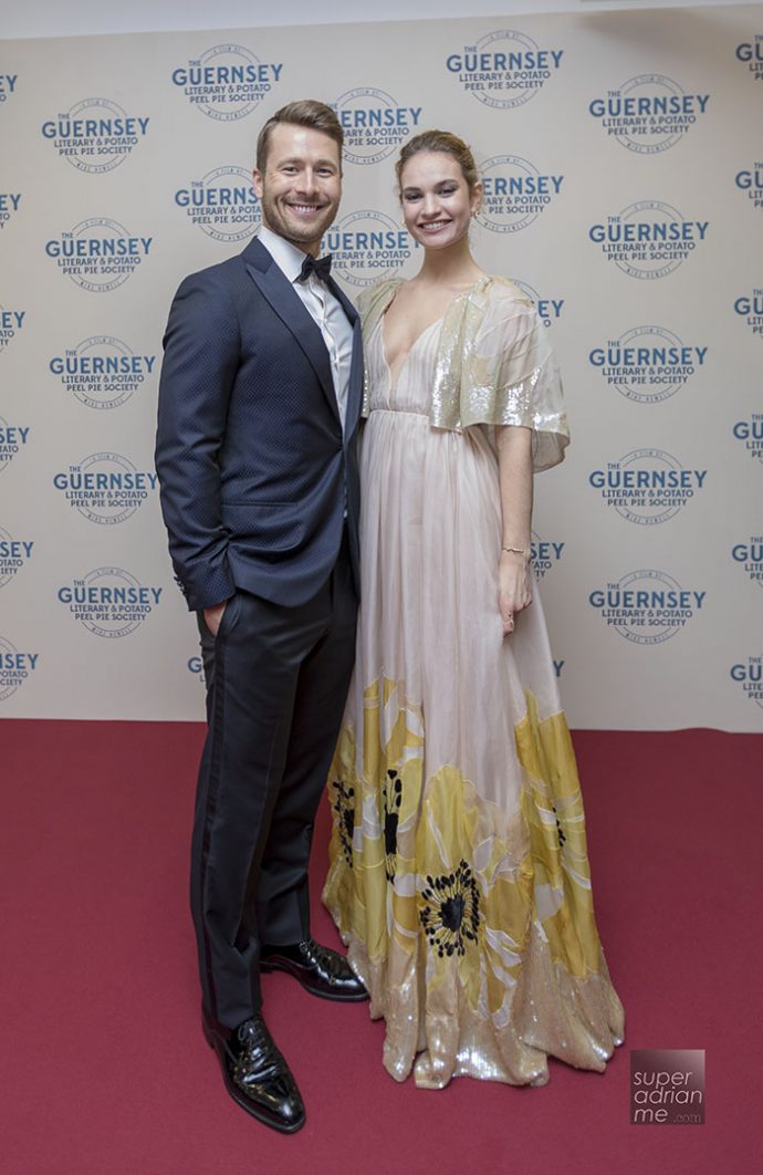 Glen Powell and Lily James at the Guernsey premiere of The Guernsey Literary and Potato Peel Pie Society