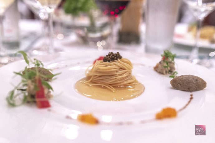 Summer Pavilion - SmileAsia - Chilled angel hair and vegetables caviar, lime marinated shrimps, duxelle, tomato confit and dashi broth jelly