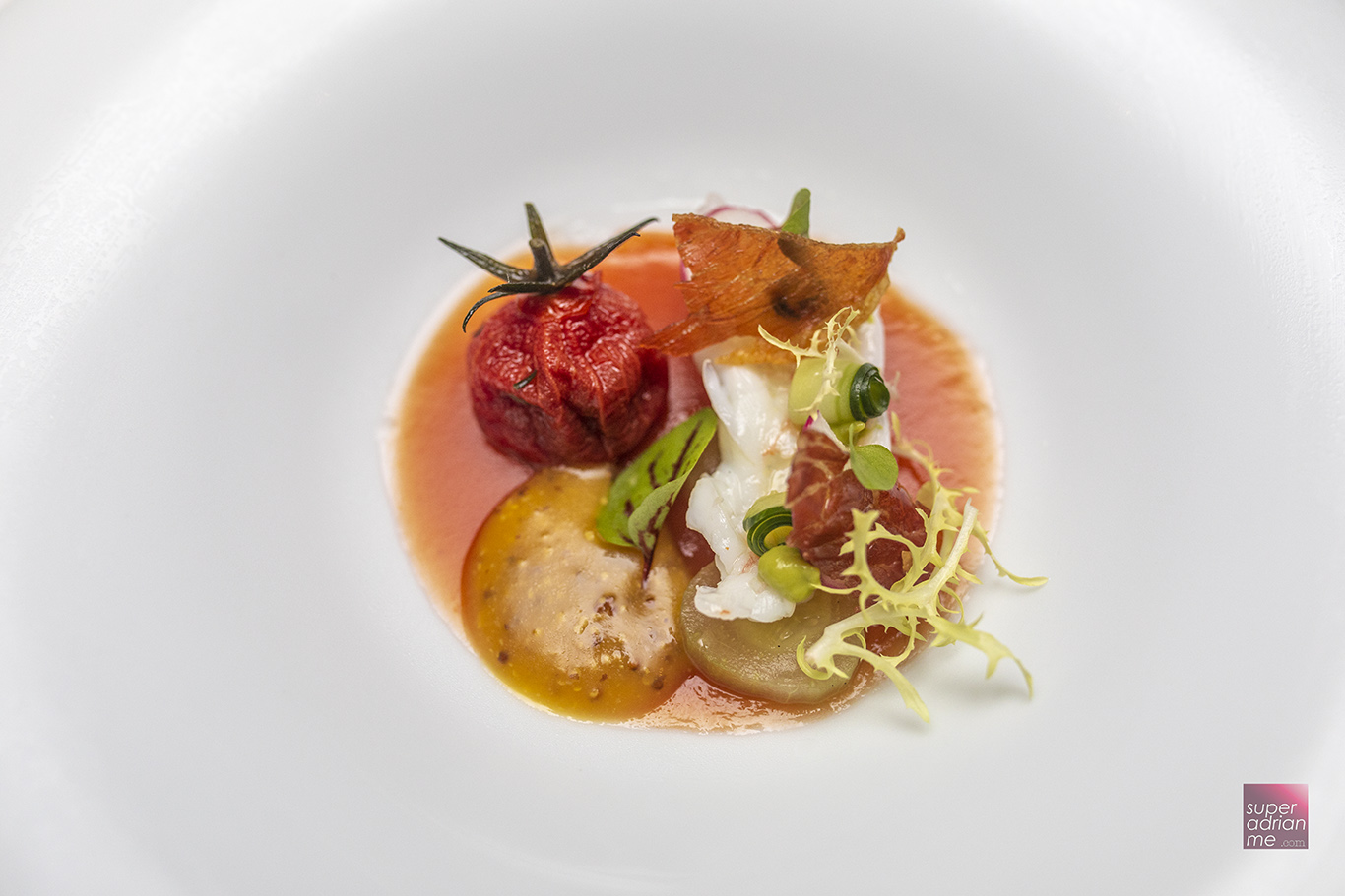 Gordon Grill - Chilled Langoustine and Prosciutto with compressed cucumber, tomato and mango mustard vinaigrette