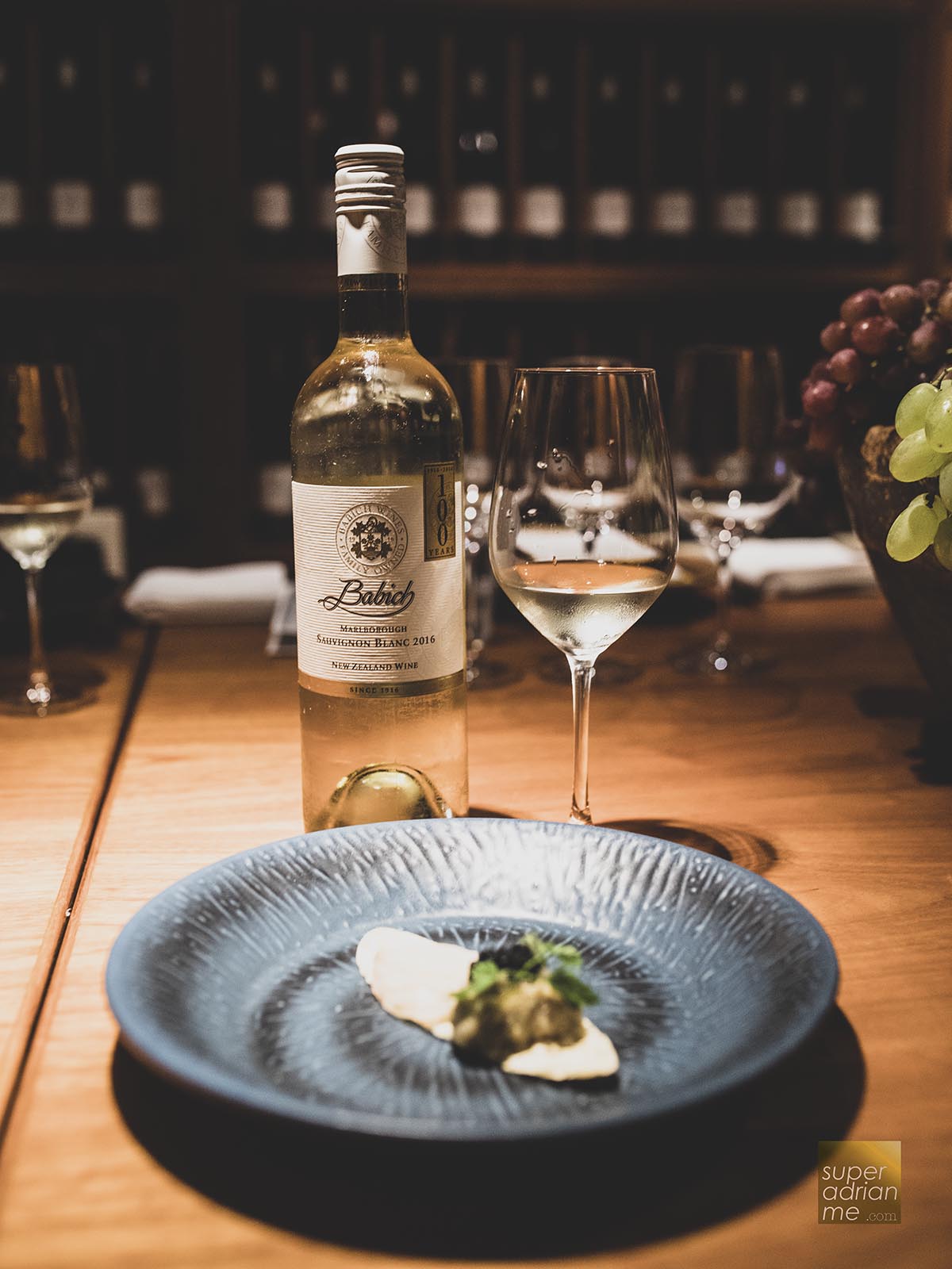 Babich Marlborough Sauvignon Blanc 2016 paired with yellowtail kingfish, cahrred eggplant, caviar and marsala cracker
