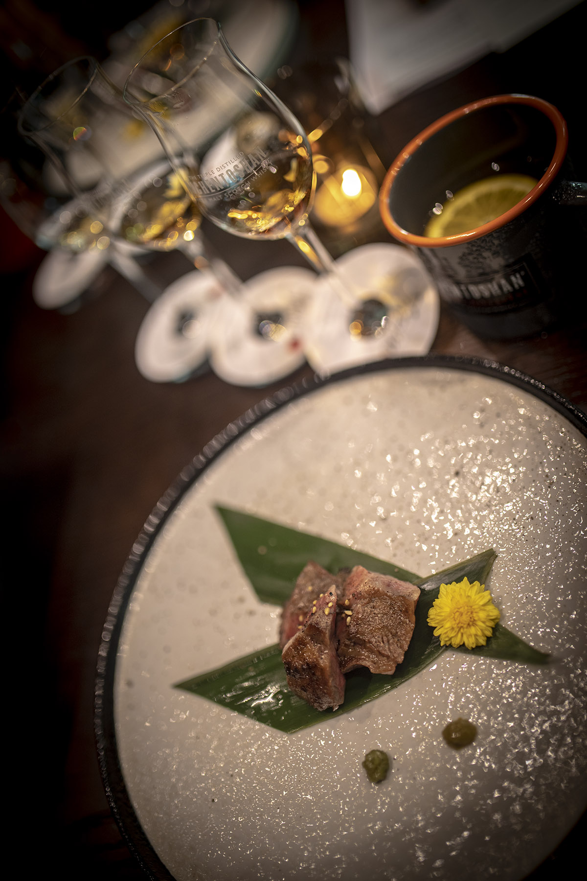 Thick Wagyu Ox tongue with salty kombu paired with Auchentoshan 21 years old maltThick Wagyu Ox tongue with salty kombu paired with Auchentoshan 21 years old malt