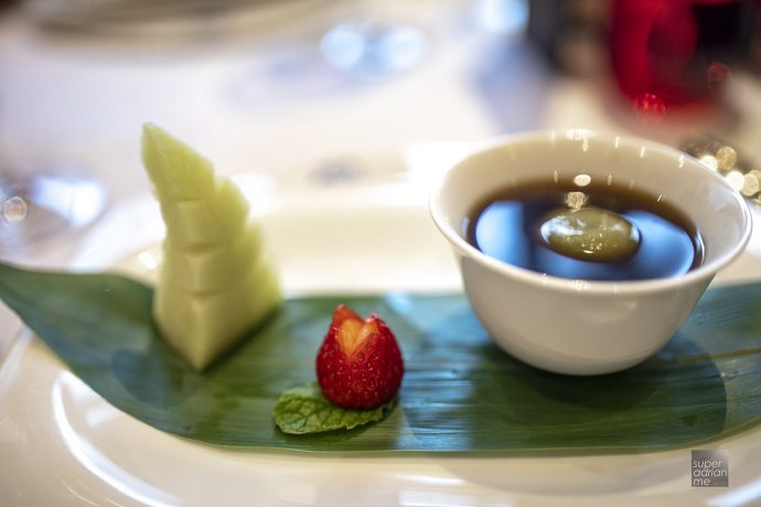 Matcha Sweet Potato with Brown Sugar Soup, Shizuoka Crown Melon and Strawberry