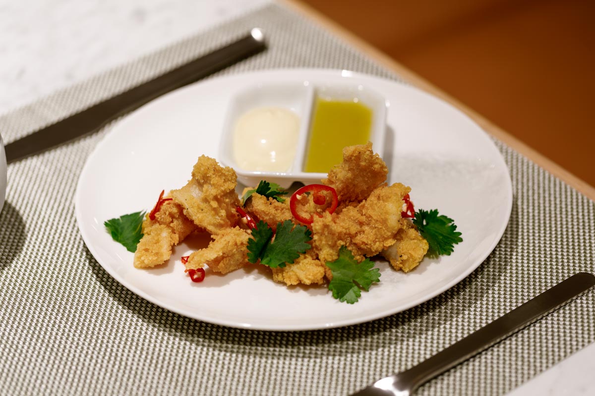 Qantas First Lounge Salt Pepper Squid with Green Chilli Dipping Sauce and Aioli (Qantas photo)