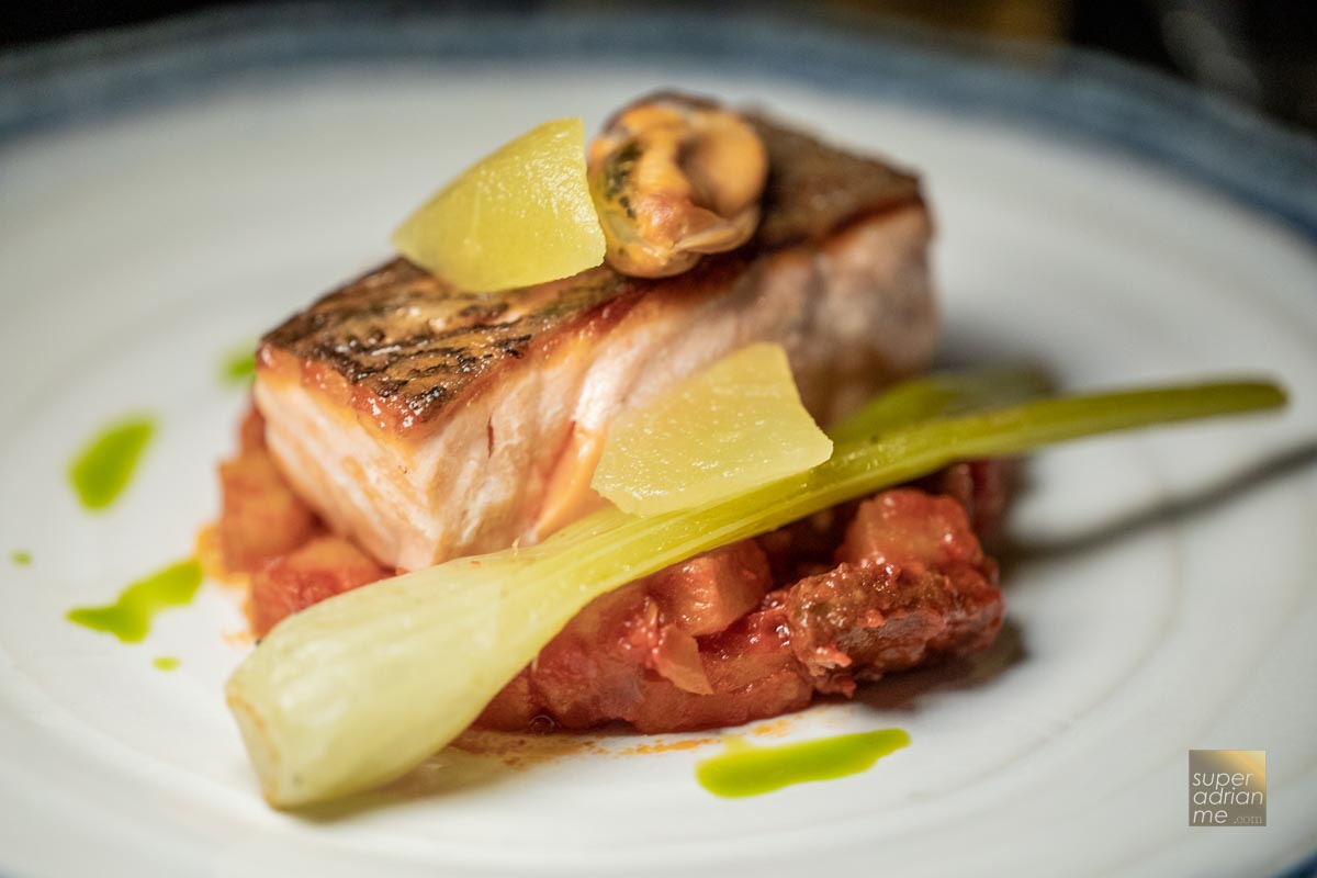 Salmon Fillet with chorizo, fennel and apple