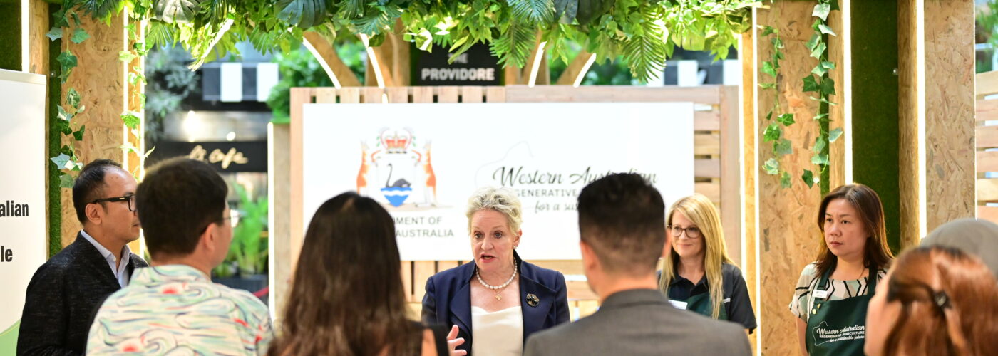 Western Australia's Agriculture and Food Minister, the Honourable Alannah MacTiernan MLC, speaks to guests and media at the launch of the Regenerative and Sustainable Produce Exhibition in Singapore on 5 September, 2022. The Minister is in Singapore to support Western Australian growers and food and beverage producers to improve penetration into international markets such as Singapore. (DPIRD, WA photo)