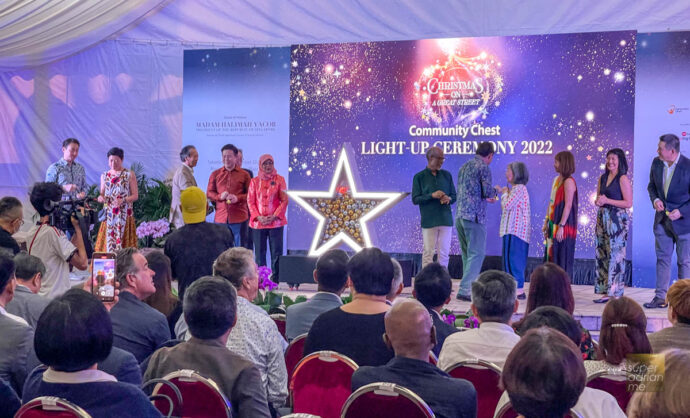 President Halimah Yacob and Masagos Zulkifli, Minister for Social and Family Development at the Community Chest Light-Up Ceremony 2022 at Ngee Ann City Civic Plaza held on 12 November 2022
