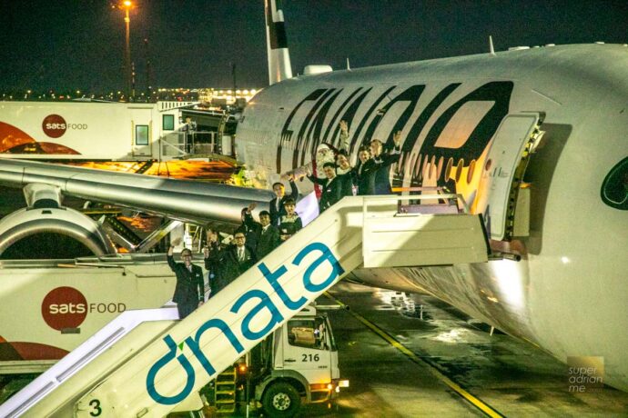 Santa Claus and the air crew of Finnair flight AY131 posing after landing at Changi Airport at gate D41 on 8 December 2022 at 6.52 pm