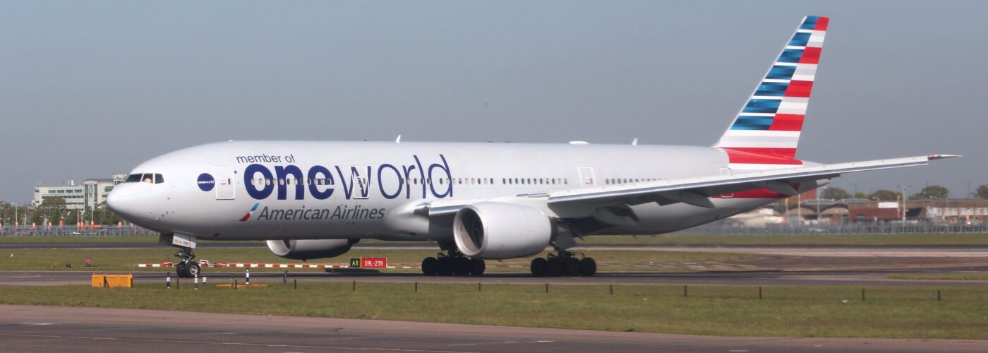 LONDON, UK - APRIL 16, 2014: American Airlines Boeing 777 in Oneworld alliance livery after landing at London Heathrow airport. Oneworld carries more than 500 million passengers annually. (depositphotos.com photo)
