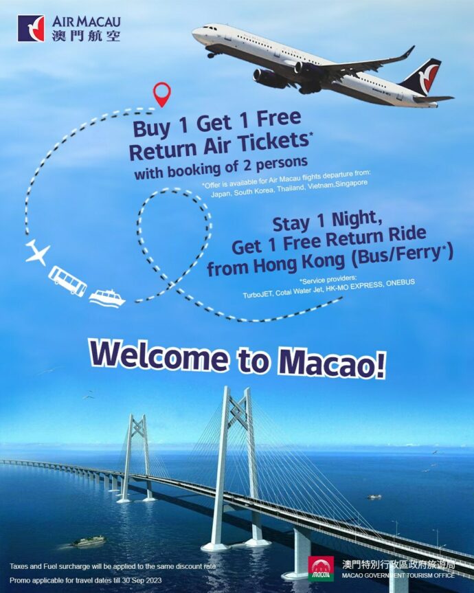 Book your air tickets with Air Macau to enjoy Buy 1 Get 1 Free
