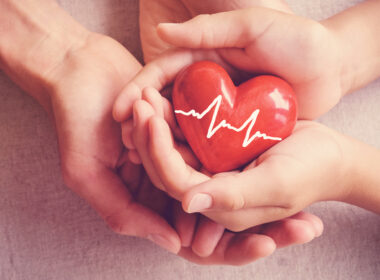 adult and child hands holiding red heart, health care, organ donation, family insurance concept
