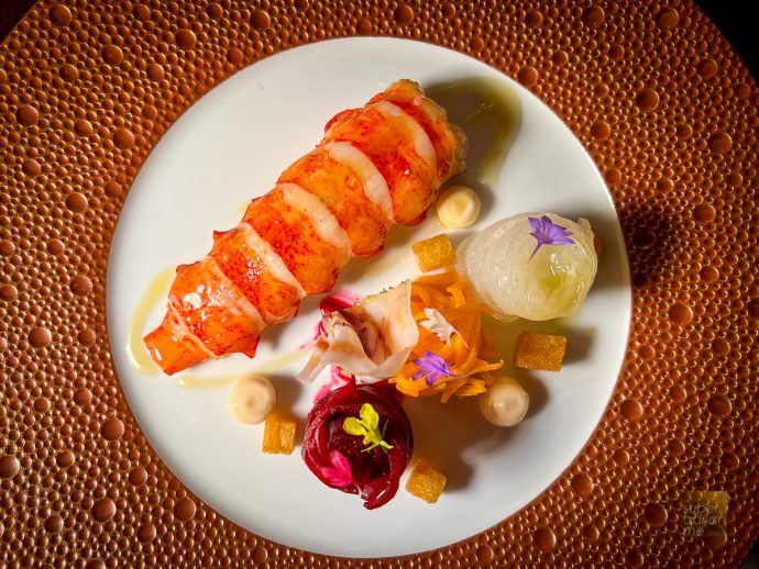 “Lohei” T65 style, charcoal Boston lobster, lardo, sourdough crisps, pickled squas, daikon, beetroot, calamansi & lobster mayonaise