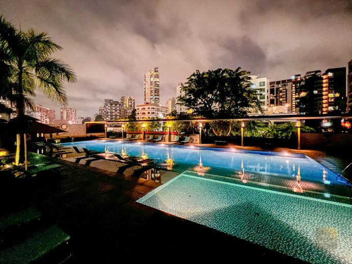 Night swim at the pool in Aloft Singapore Novena