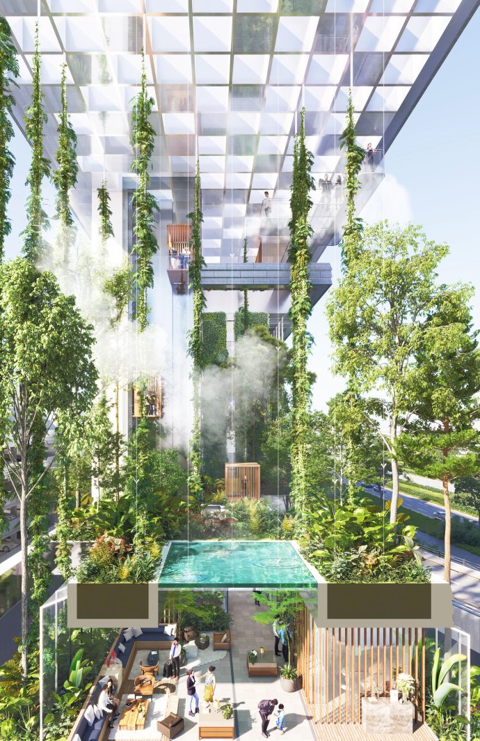Artist’s impression of sectional perspective of ‘Floating Forest’ from level 2 to rooftop (Image credit: OUE)