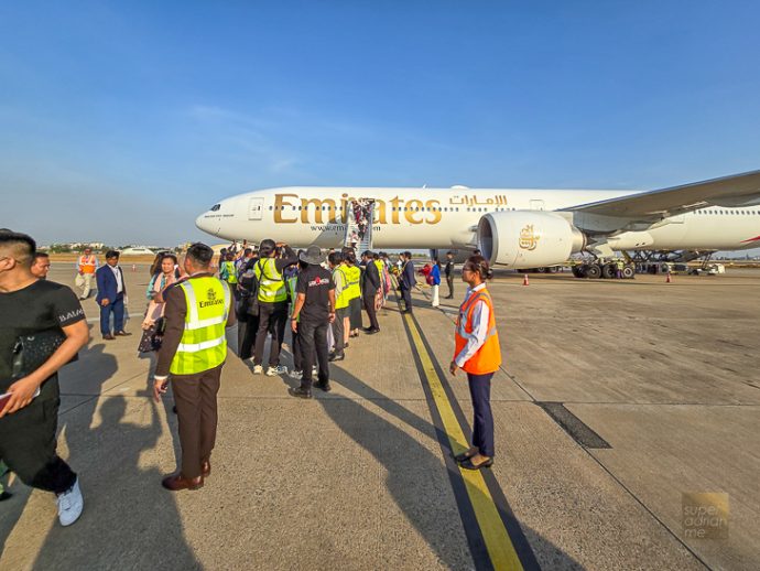 Emirates inaugural flight EK348 (A6-ENE) in Phnom Penh airport on 1 May 2024