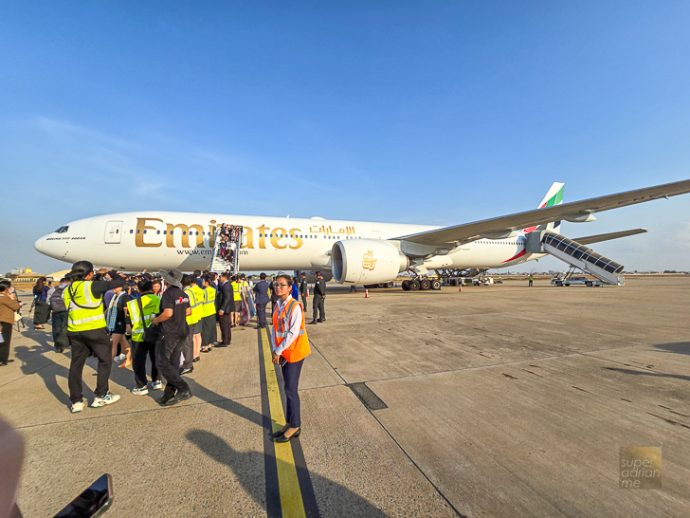 Emirates inaugural flight EK348 (A6-ENE) in Phnom Penh airport on 1 May 2024