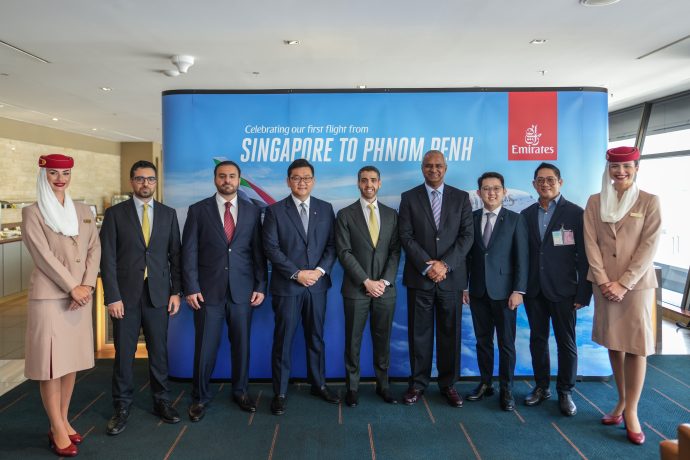 [From left to right] Rashed Alfajeer, Emirates’ Country Manager for Singapore and Brunei, Orhan Abbas, Emirates' Senior Vice President of Commercial Operations for Far East, Damon Wong, Senior Vice President, Airport Operations Planning, Changi Airport Group, His Excellency Jamal Abdulla AlSuwaidi, UAE Ambassador to Singapore, Nabil Sultan, Emirates' Executive Vice President of Passenger Sales and Country Management, Vy. Samdy, First Secretary, Cambodian Embassy, and Steven Ler, President, National Association of Travel Agents Singapore, at the launch ceremony of Emirates’ service to Phnom Penh via Singapore.
 