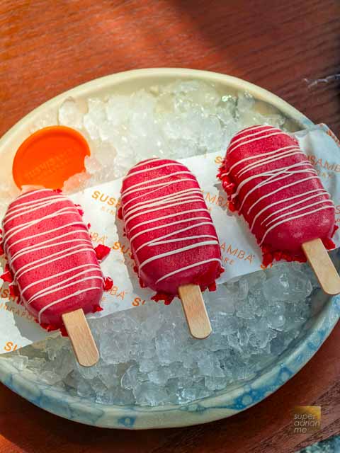 SUSHISAMBA SAMBA Pops made with chicha morada (purple corn) sorbet, white raspberry and lime