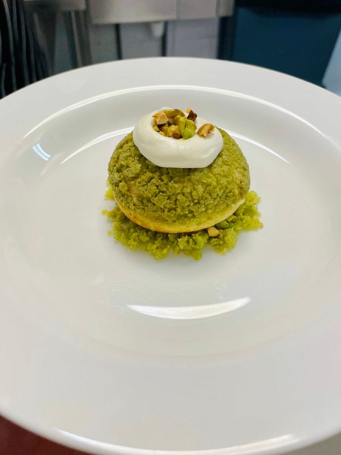 Dom’s pistachio crème puff with raspberry