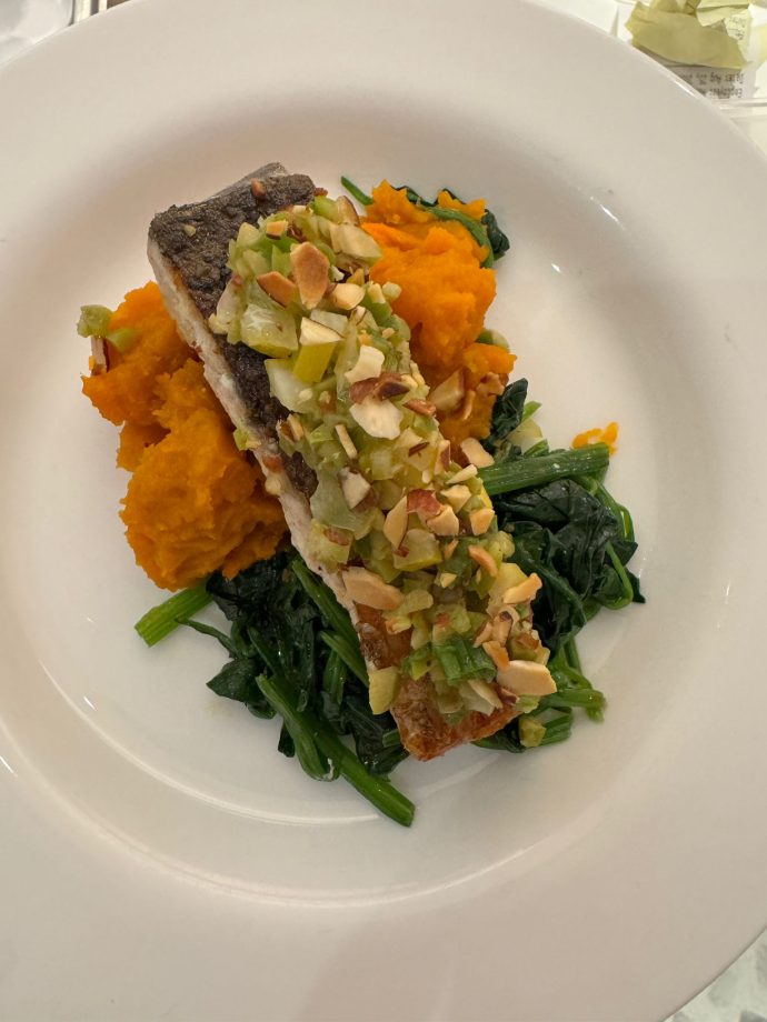 Humpty Doo barramundi with sweet potato puree, green olives and preserved lemon salsa