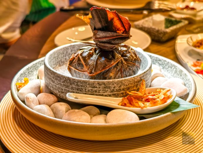 CNY 2025 - Si Chuan Dou Hua -  Waxed Meat Rice with Sakura Prawn wrapped in Lotus Leaf