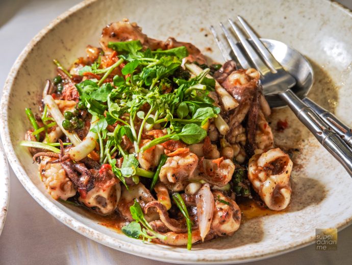 JATI Koh Russey - Beach Club Night Barbecued Baby Cuttlefish with chilli & fermented bean, flowering chives, local herbs (USD21) | SUPERADRIANME.com JATI Koh Russey - Beach Club Night Barbecued Baby Cuttlefish with chilli & fermented bean, flowering chives, local herbs (USD21)