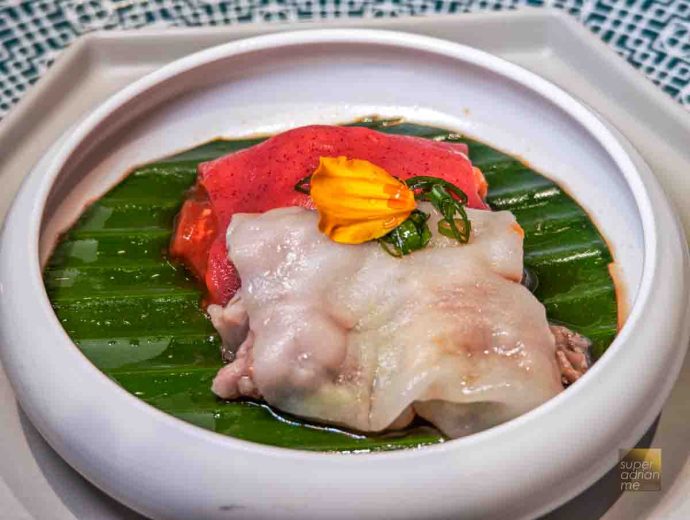 Duo Cheong Fun Diced Chicken with Mustard Green and Egg with Tomato (S.80 per portion) from Crystal Jade Hong Kong Kitchen