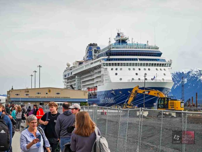 The Celebrity Summit awaits passengers to embark at Seward port. 