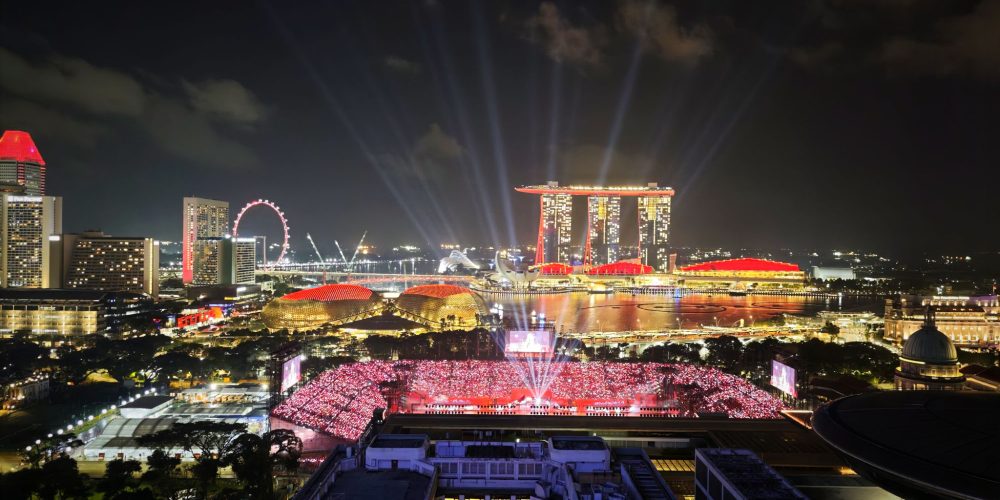 View of Marina Bay and Padang from Wyndham Singapore Hotel Sky Lounge on level 2 south tower.