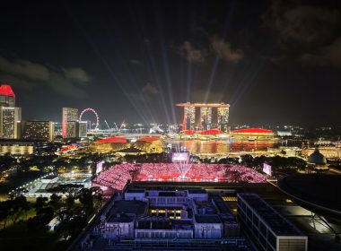 View of Marina Bay and Padang from Wyndham Singapore Hotel Sky Lounge on level 2 south tower.