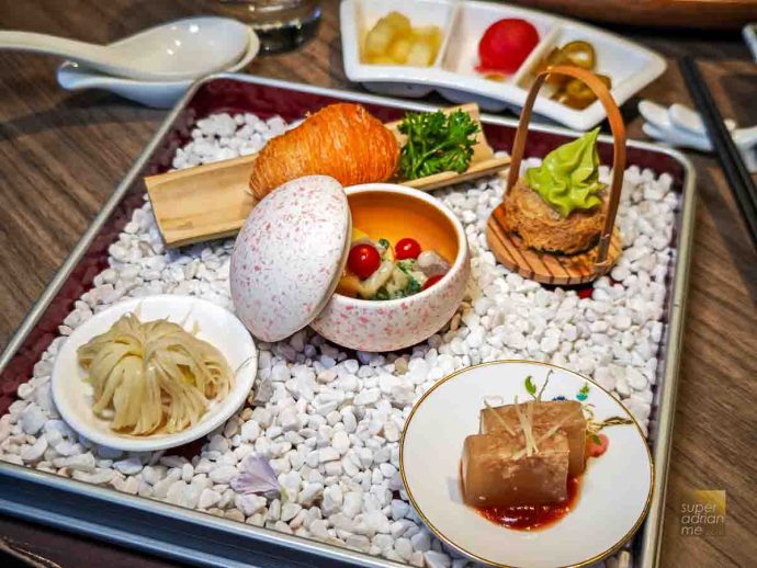 DINE - Sichuan Dou Hua x Yang Ming Springx Nishikane August 2025 -190346 | SUPERADRIANME.com Appetiser Combination of Five - Assorted Vegetables Sumiso Ae, Chilled Five Spice Jelly, Water Bamboo Shoot, Deep-fried White Radish Pastry, Fresh Avocado Mousse on Yam Pastry