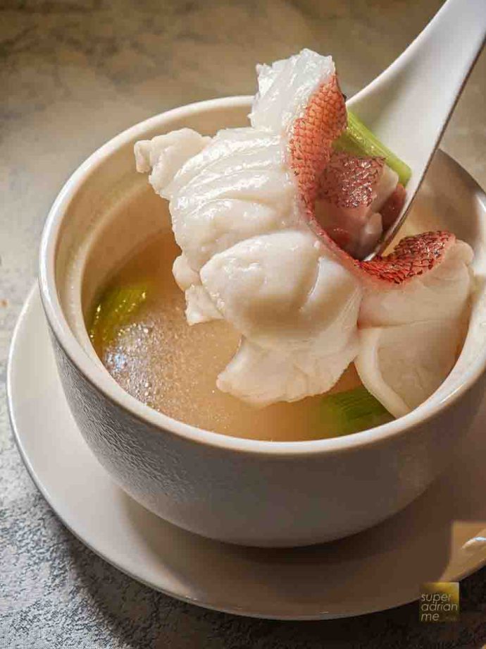 Man Fu Yuan - Poached Red Grouper Fillet in Superior Fish Broth, Dang Gui, Goji Berries, 15-year aged Chinese Hua Tiao Wine 