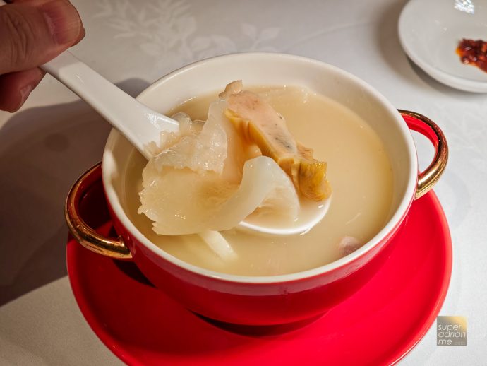 Shang Palace - Double Boiled An Xin Chicken broth with fish maw, sea conch and honeydew