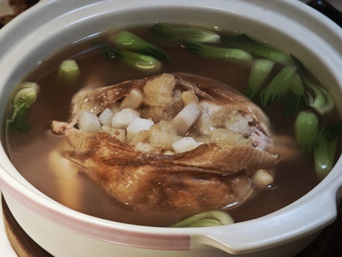 Min Jiang Dempsey Double-boiled Whole Chicken Soup with Abalone, Fish Maw, Dried Scallop, Water Chestnut and Pork Tendon in Claypot (S3.90 nett)