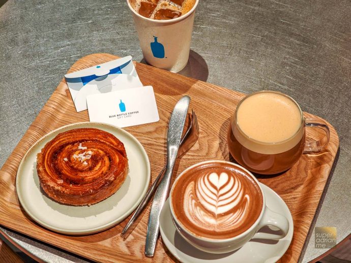 Blue Bottle Coffee Coconut Kouigh Amma, mocha and Nola with Oat milk paid with new Blue Bottle Gift Card