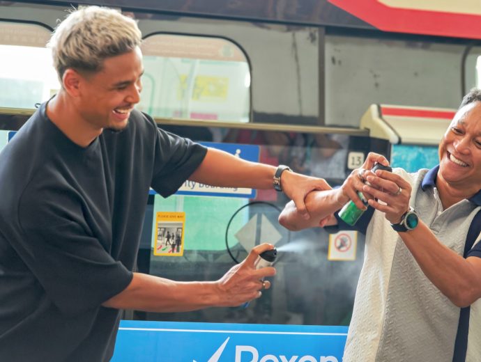 Irfan Fandi and Fandi Ahmad trying out the Rexona Men Arctic Rush at the media preview of the Coolest Football Moments Museum Train on 10 June 2026 (SUPERADRIANME photo)