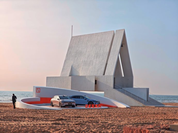 Chapel by the beach in Aranya with a Zeekr car display in March 2026. (Beidaihe, Hebei, China0