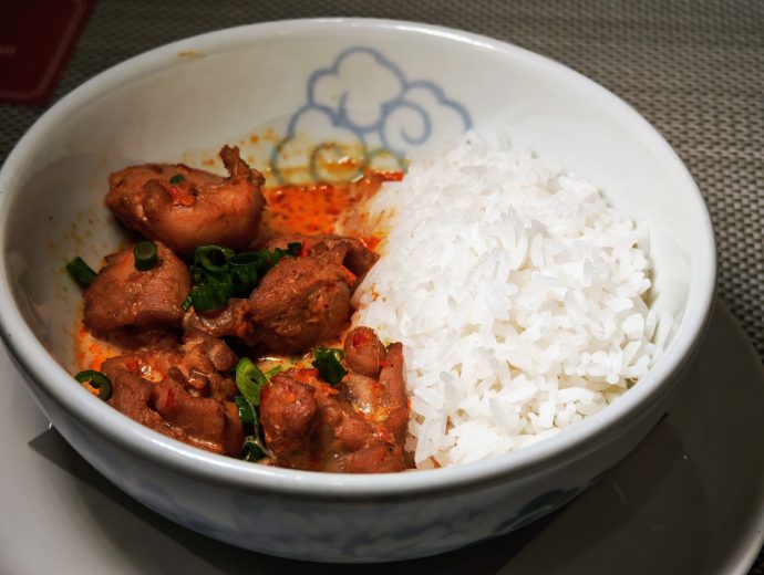 Wing Seong Fatty's Nuclear Chicken served at Qantas Business Lounge in Changi Airport Terminal 1