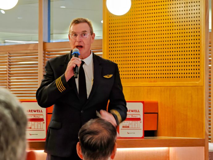 Qantas Chief Pilot Dick Tobiano at the Qantas First Lounge tribute to Wing Seong Fatty's Restaurant luncheon on 1 July 2026