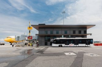 Satellite gate exterior with bus