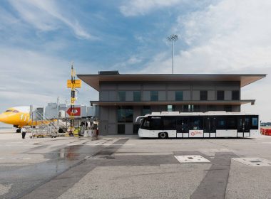 Satellite gate exterior with bus