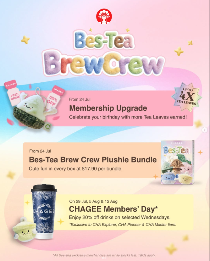 chagee-bes-tea-member-rewards-dates-2026 | SUPERADRIANME.com CHAGEE Bes-Tea Brew Crew campaign showing membership upgrades, plushie bundle and Members' Day dates