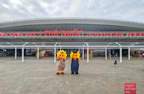 Sun PhuQuoc Airways mascots at Phu Quoc International Airport on 25 July 2026