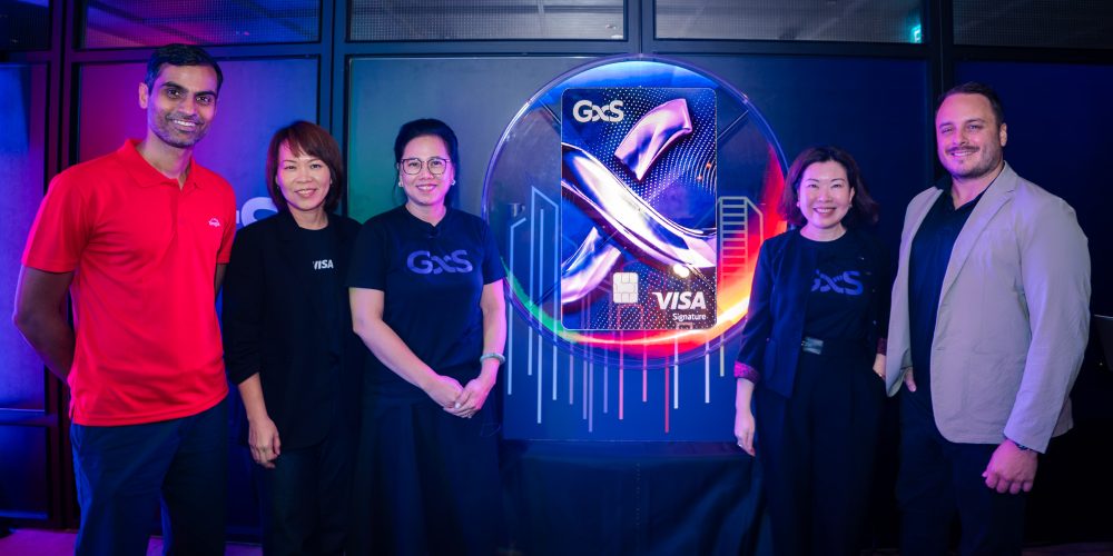 GXS Credit Card Launch | SUPERADRIANME.com Left to Right: Vijay Vaidyanathan (Portfolio Performance and Management), Adeline Kim (Group Country Manager for Regional Southeast Asia & SVP Global Clients & Acquirers, Asia Pacific), Jenn Ong (Group Head of Retail, GXS Bank), Lai Pei-Si (Group Chief Executive Officer, GXS Bank), Alejandro Osorio (Managing Director, Grab Singapore) at the GXS Credit Card Launch Event